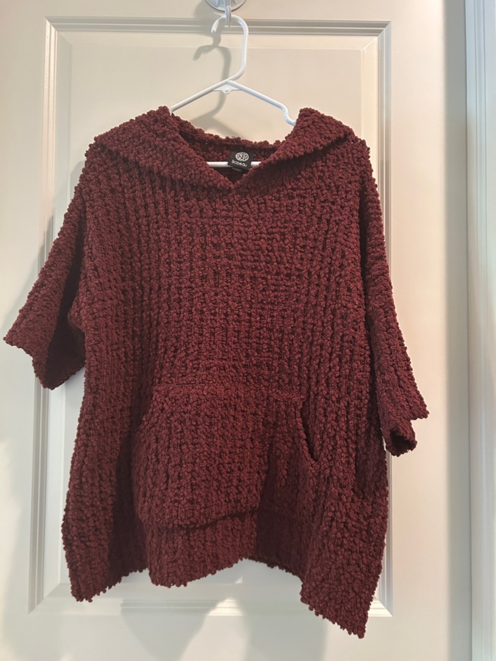 Bobeau Cozy Plush PullOver Hooded Popcorn Knit Sweater short sleeve Burgundy S